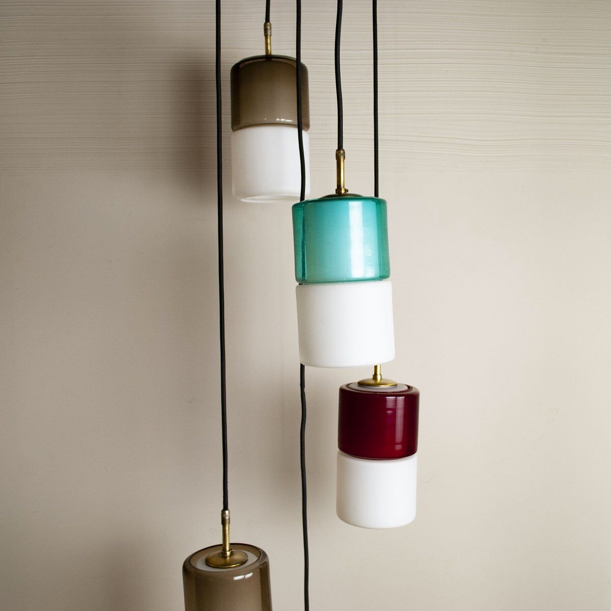 Hanging lamp with five elements in white opaline glass and coloured Murano glass by Putzler Pelill Production, 1960s.