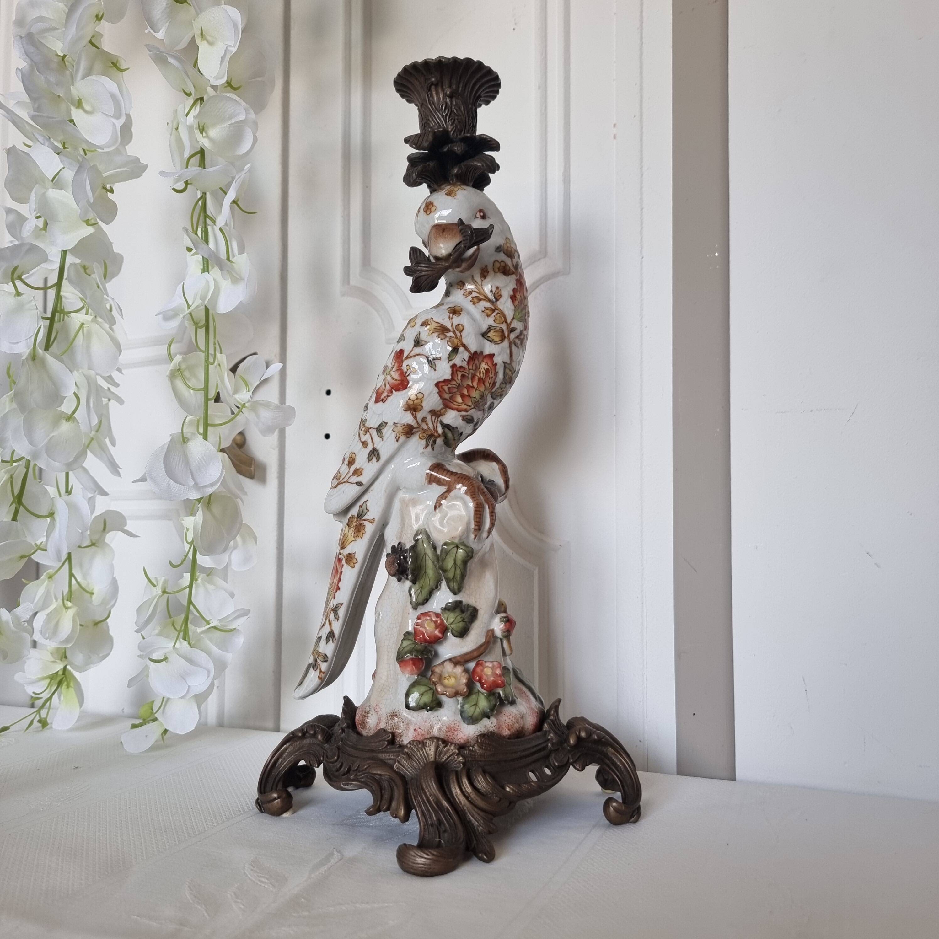 Parrot Candle Holder, Enameled Porcelain and Bronze, Late 19th Century