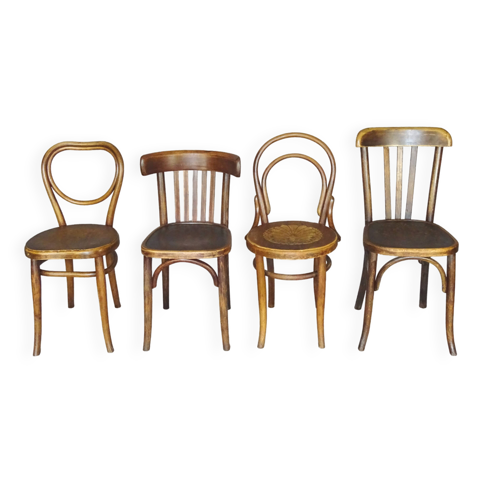 Set of 4 mismatched bistro chairs, from 1910 to 1935