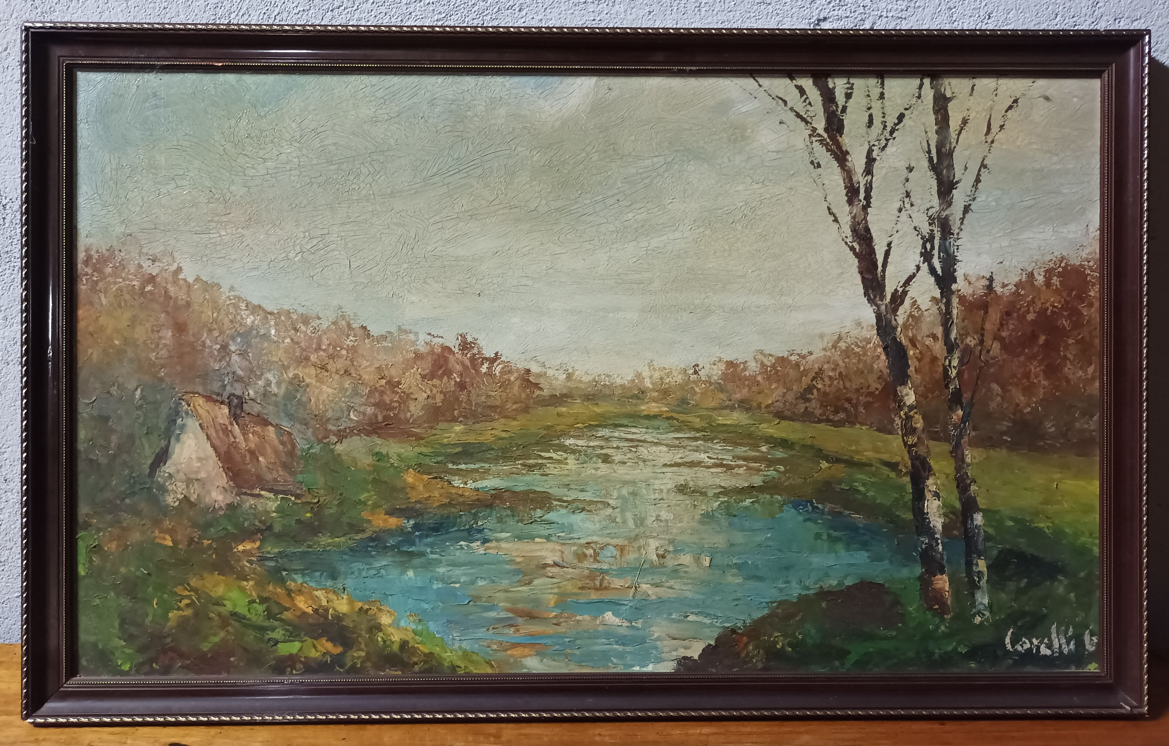 Autumn landscape house on the edge of a pond Oil on panel signed Corelli