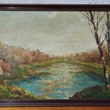 Paysage d'automne maison au bord d'un étang Huile sur panneau signée Corelli
