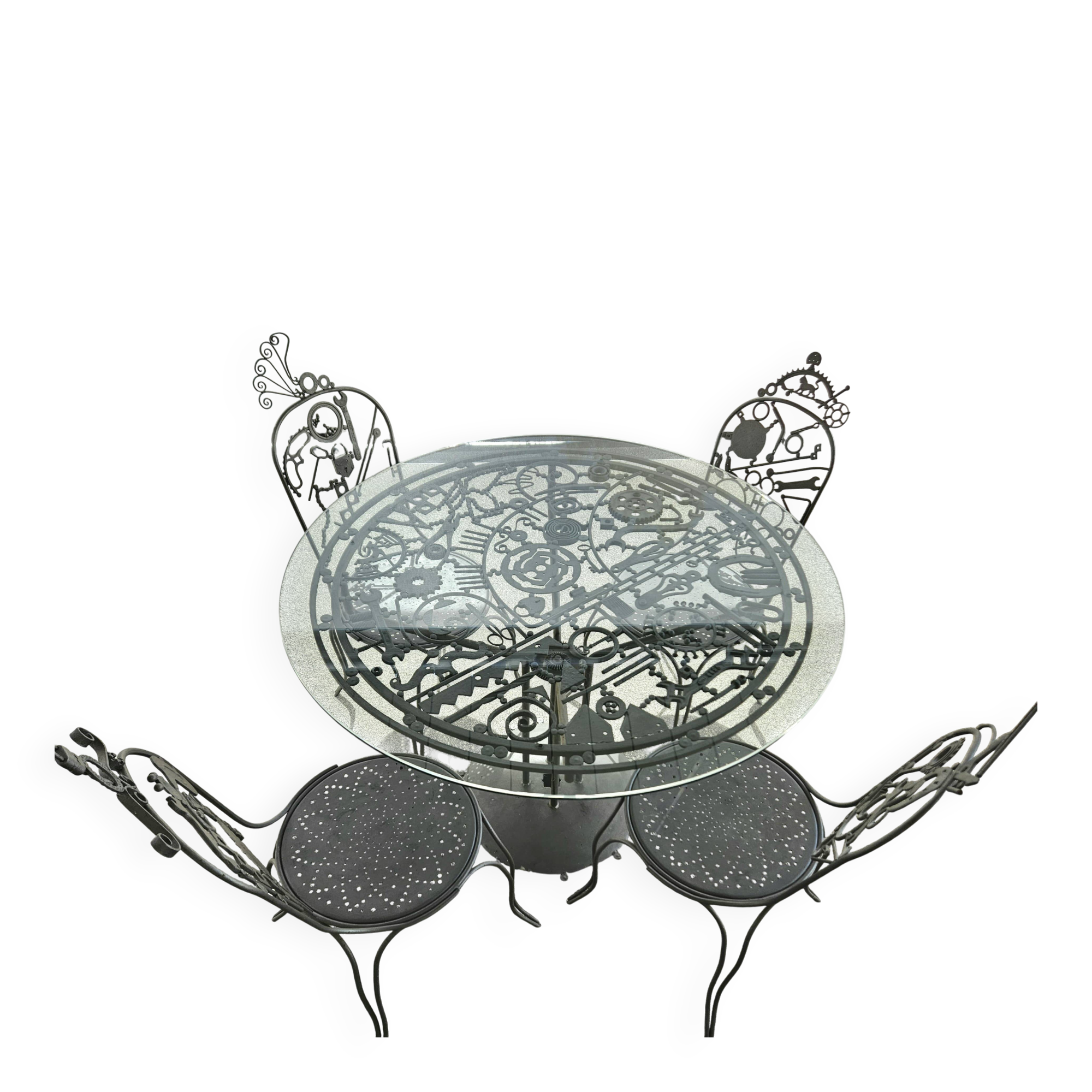 Table set + 4 artisanal chairs – unique piece in metal