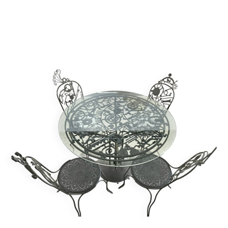 Table set + 4 artisanal chairs – unique piece in metal