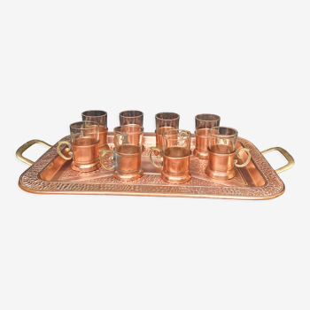 Tray and 9 coasters for 10 glasses in copper