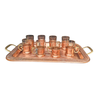 Tray and 9 coasters for 10 glasses in copper