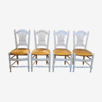 Serie de 4 chaises paillees blanches campagne
