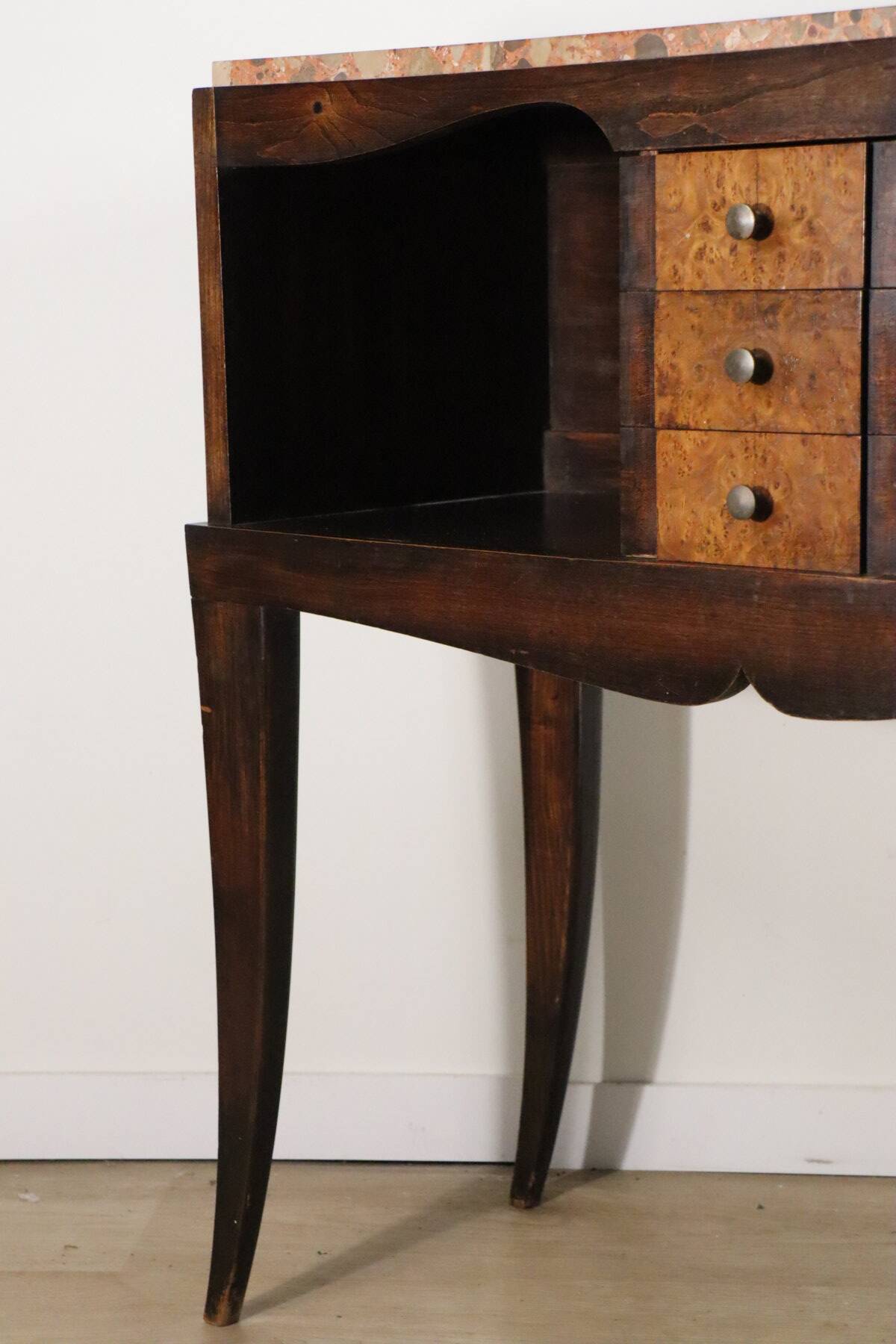 Vintage wooden and marble console table – classic style curved legs, 1950s