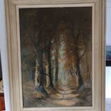 huile sur toile ancadrée XXème Chemin en sous bois