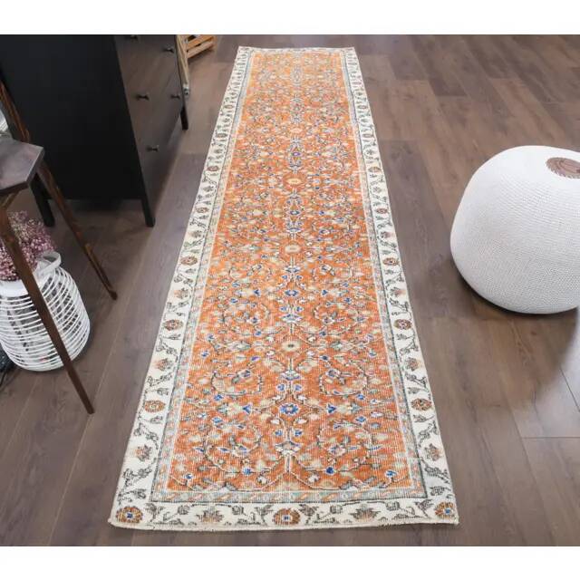 Vintage Turkish Oushak Handmade Wool Cotton Orange Runner 80x318