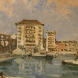 Italian signed landscape painting view of river with boats