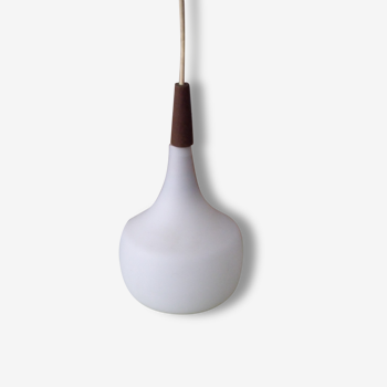 Scandinavian wood and white opaline hanging lamp