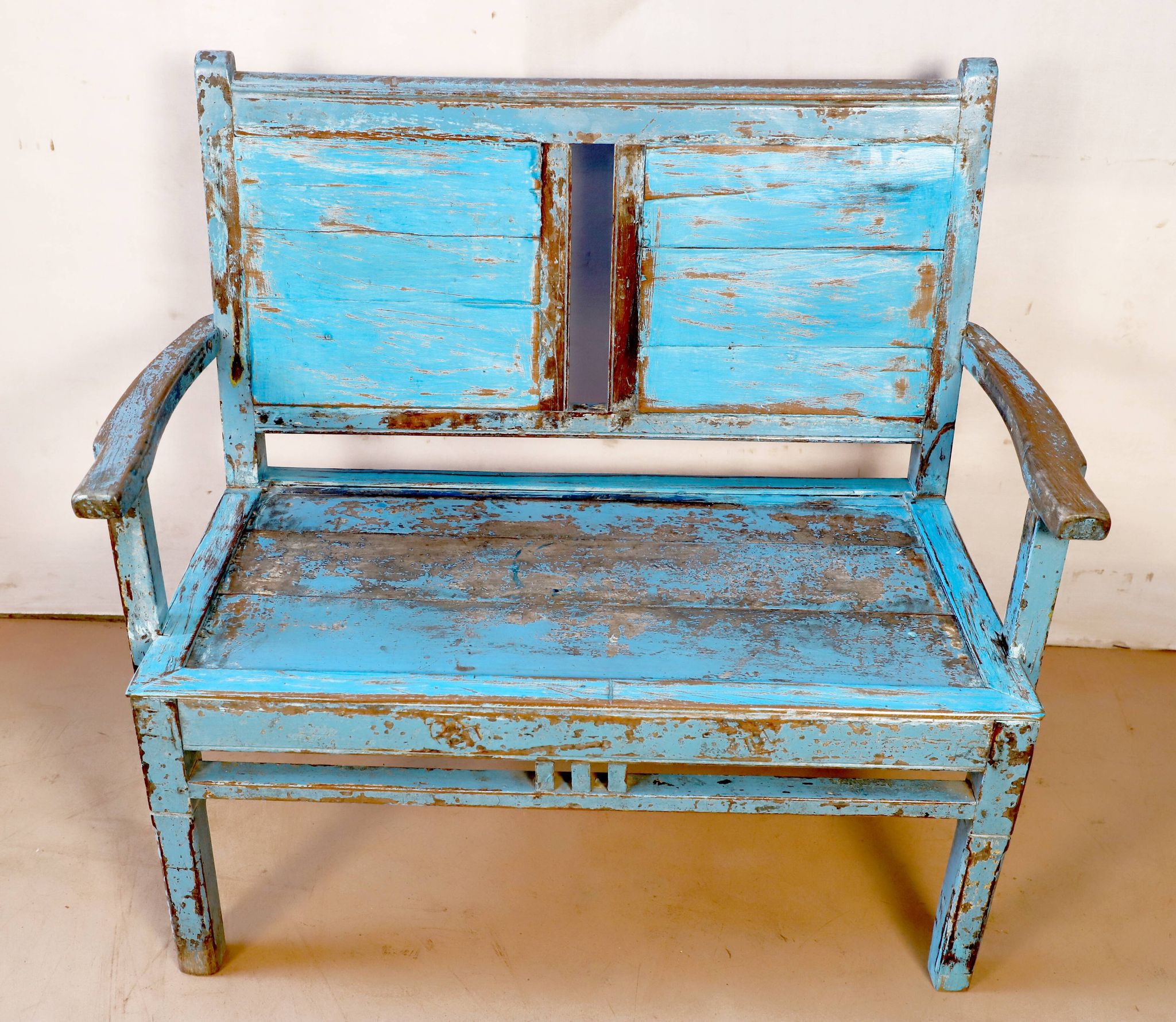 Old 2-seater Burmese teak bench with original blue patina