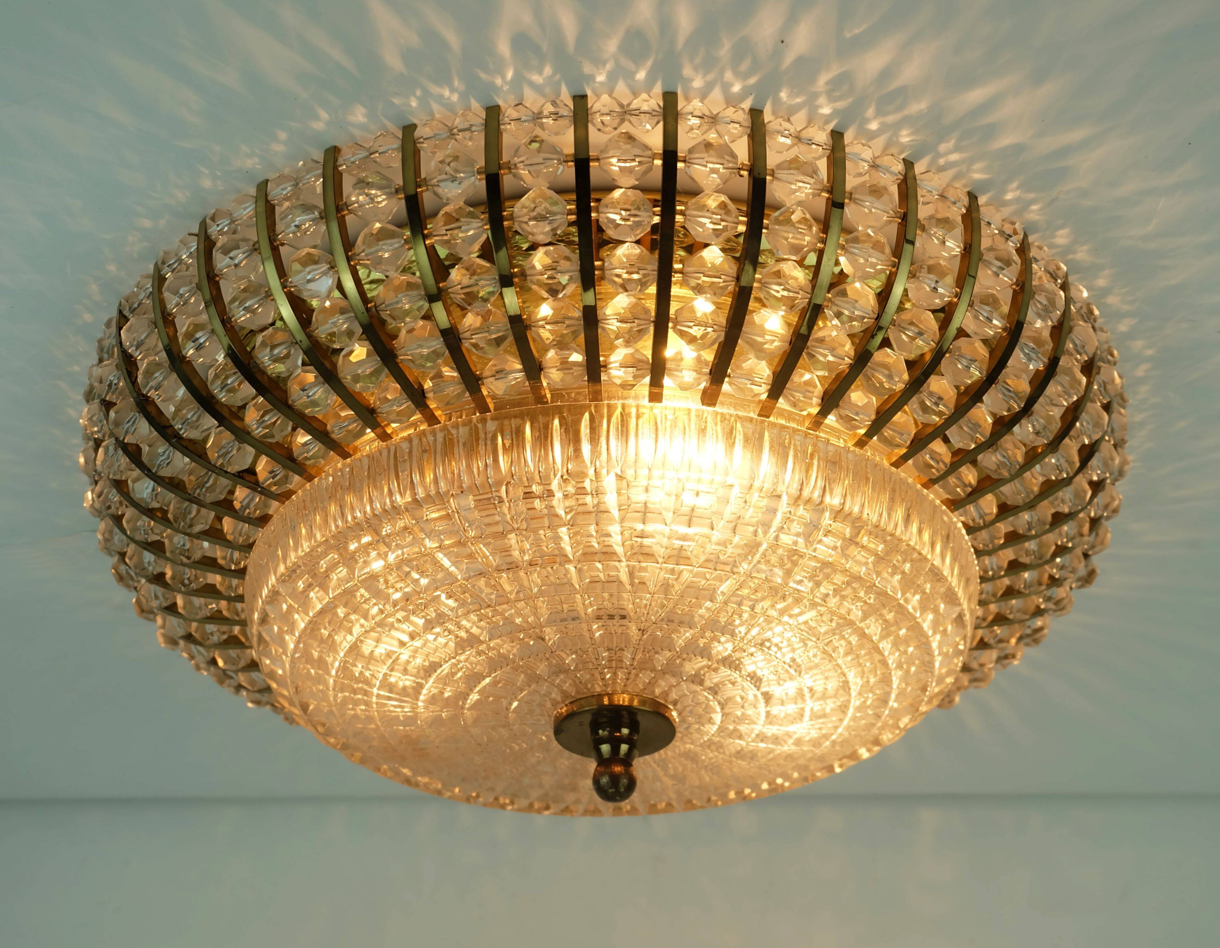 Glamorous 1960s mid century ceiling lamp ceiling fixture brass and glass