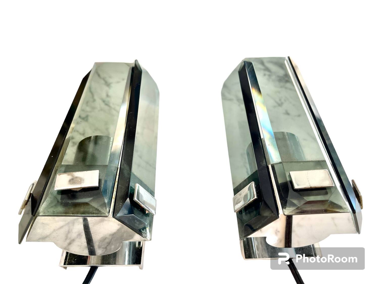Pair of Veca wall lights in glass and chrome, Italy 1960