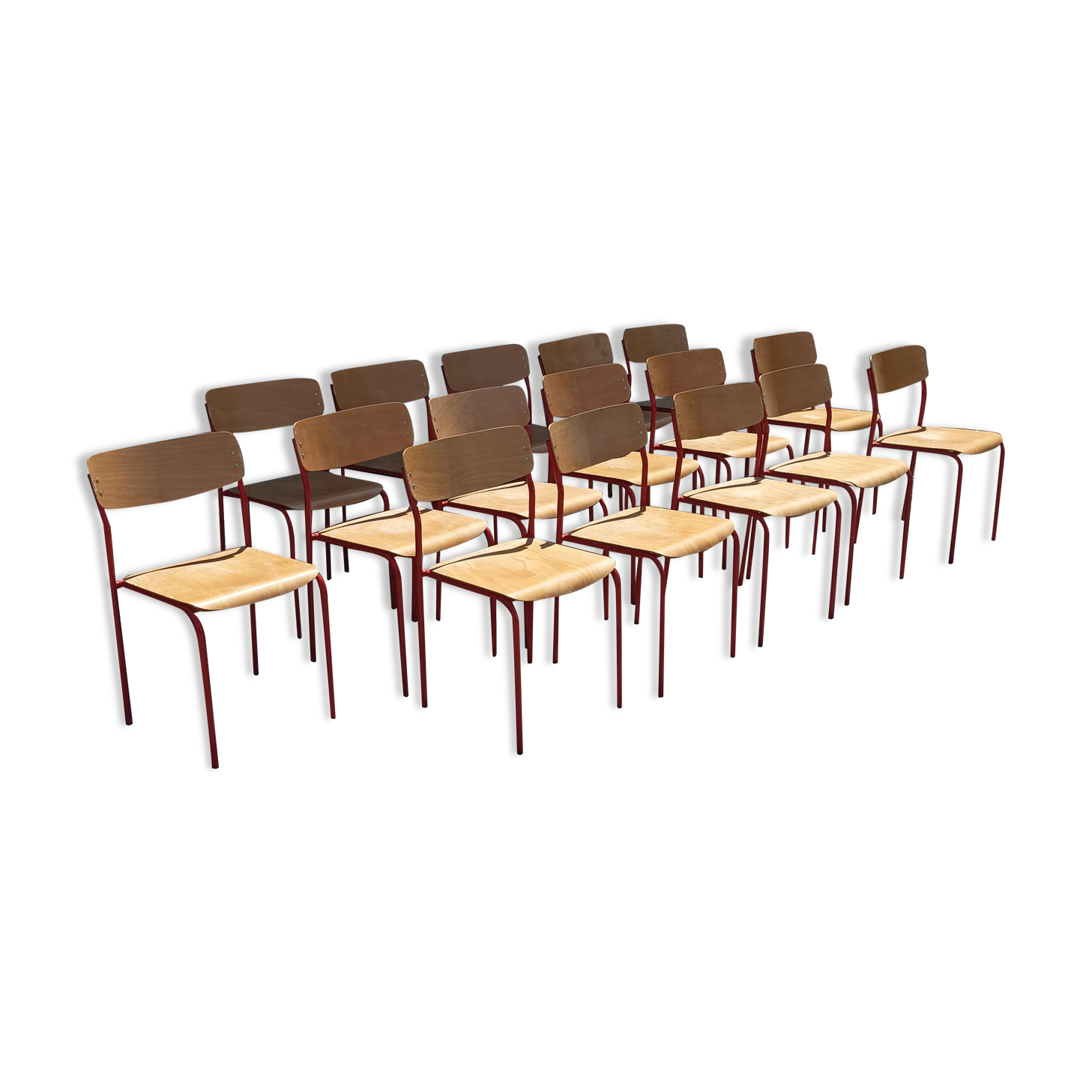 Lot 16 chaises écolier bois métal rouge