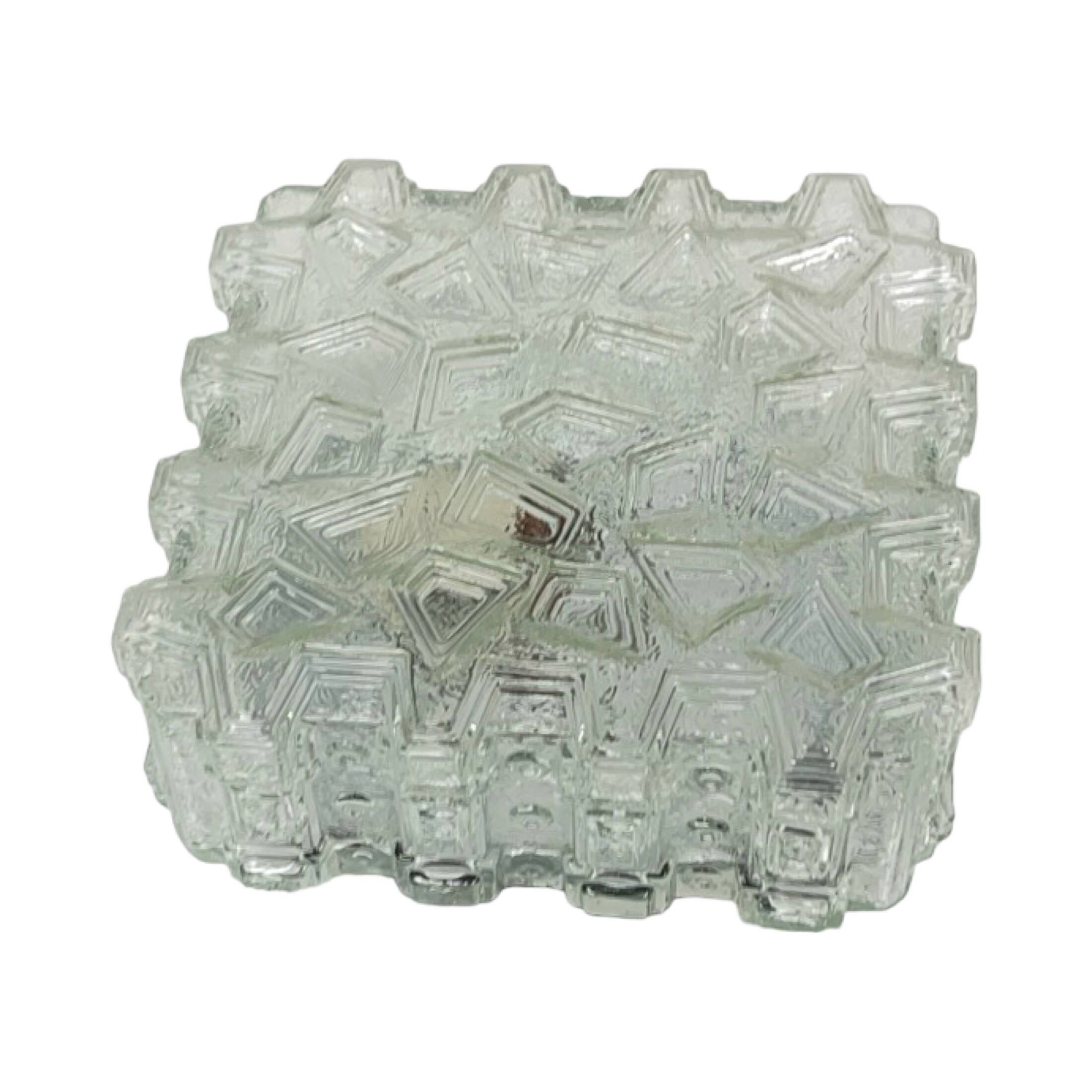1970s square Hillebrand ceiling light made of thick pressed glass.