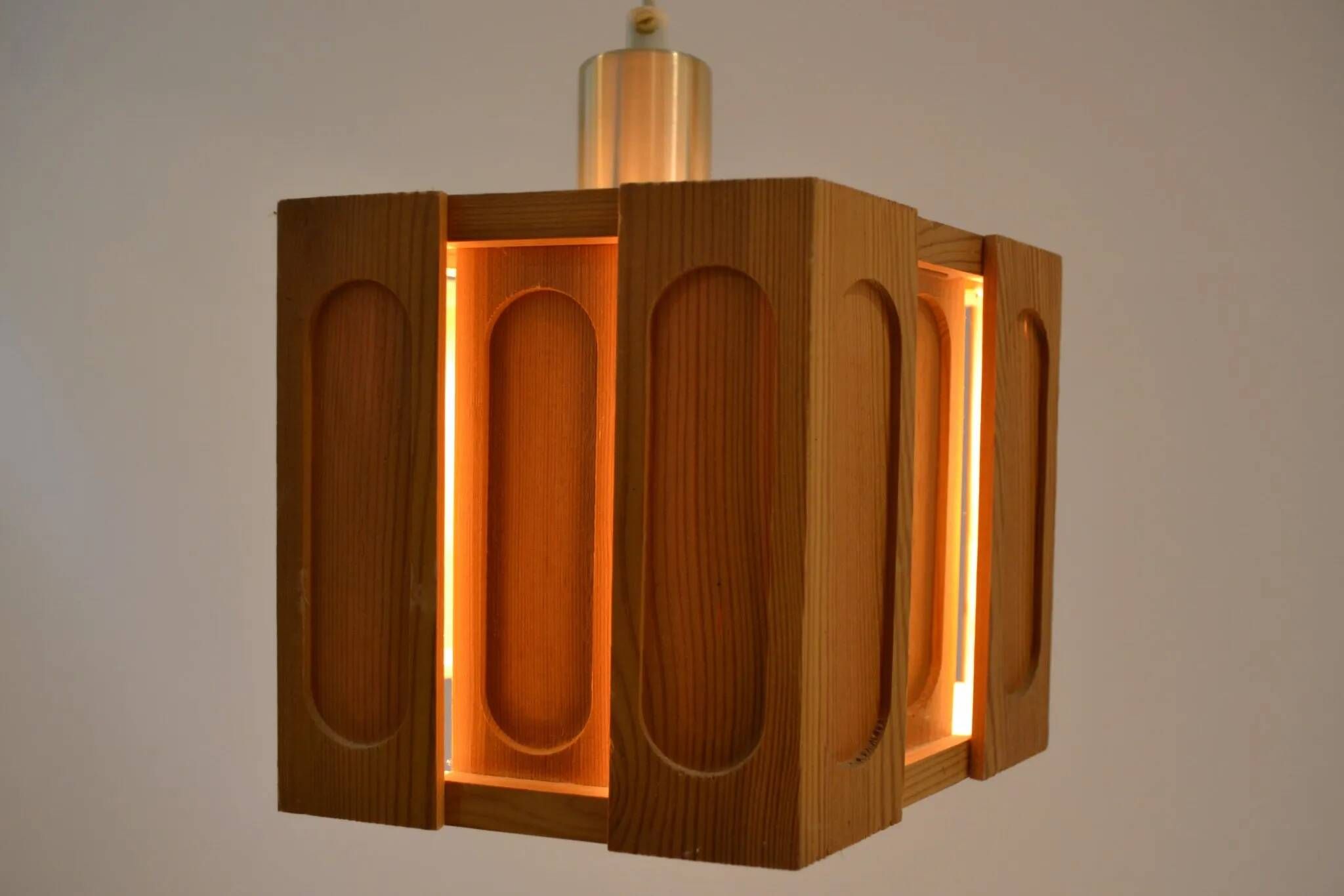 Hexagonal Architectural Pine Pendant Lamp, Sweden, 1970s