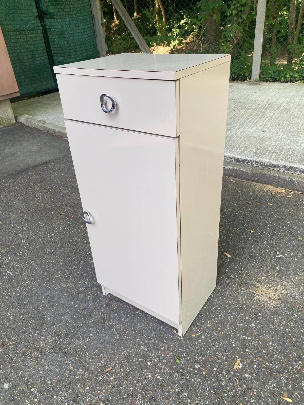 Narrow vintage beige bathroom cabinet 1970s