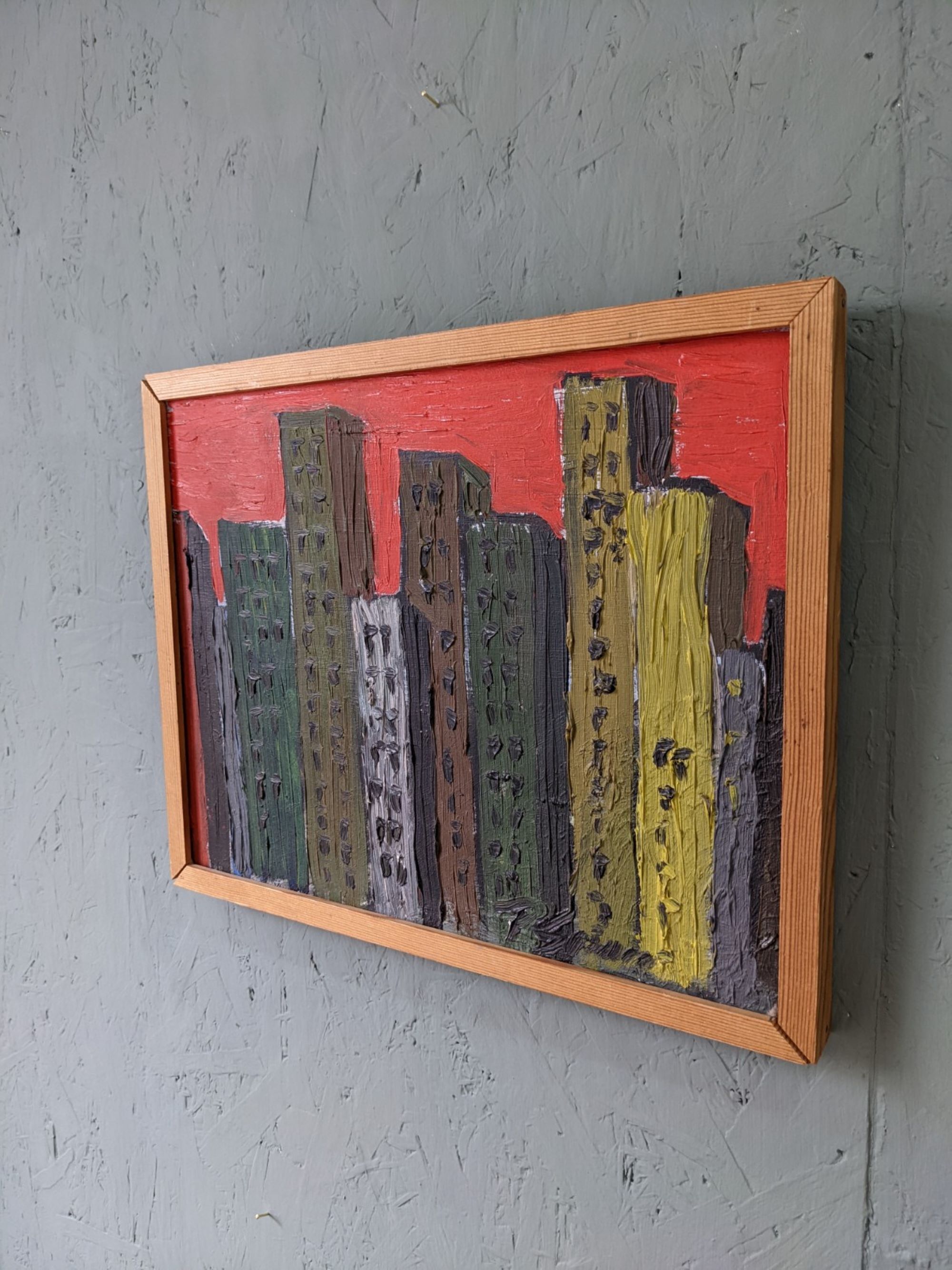 Mid-Century Modern Swedish "Skyline" Vintage Framed Cityscape Oil Painting
