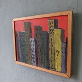 Mid-Century Modern Swedish "Skyline" Vintage Framed Cityscape Oil Painting