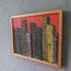 Mid-Century Modern Swedish "Skyline" Vintage Framed Cityscape Oil Painting