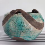 Ceramic pot raku gray and turquoise