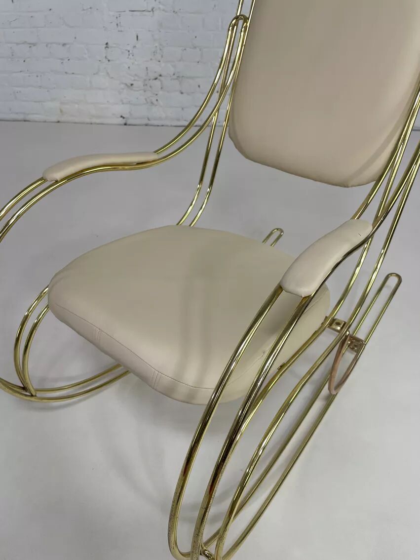 60s rocking chair in brass and ecru faux leather