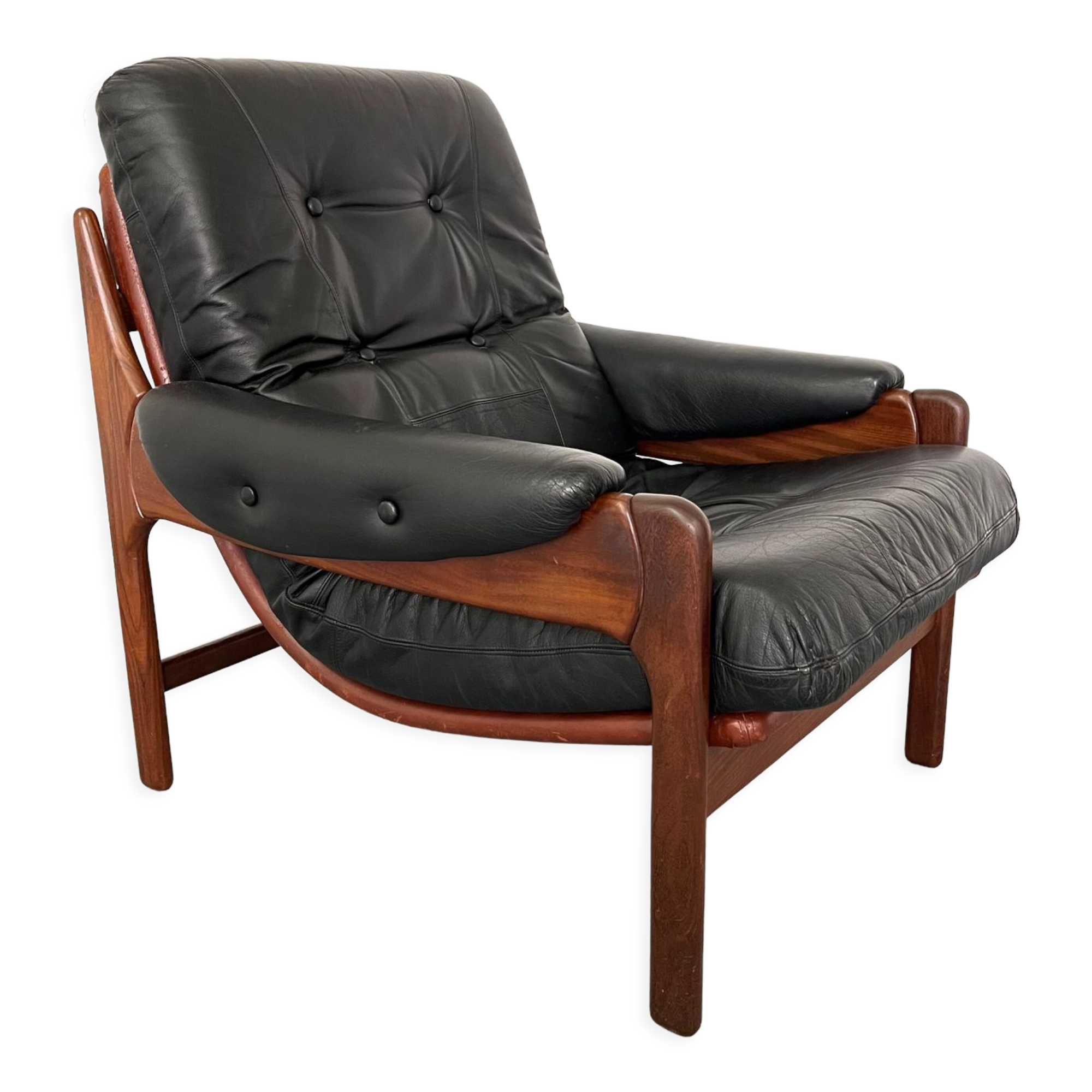 Fauteuil en teck et cuir années 1960