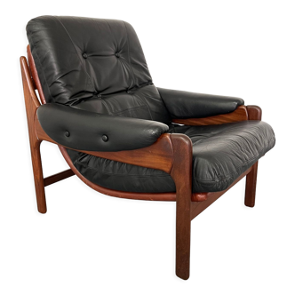 Fauteuil en teck et cuir années 1960