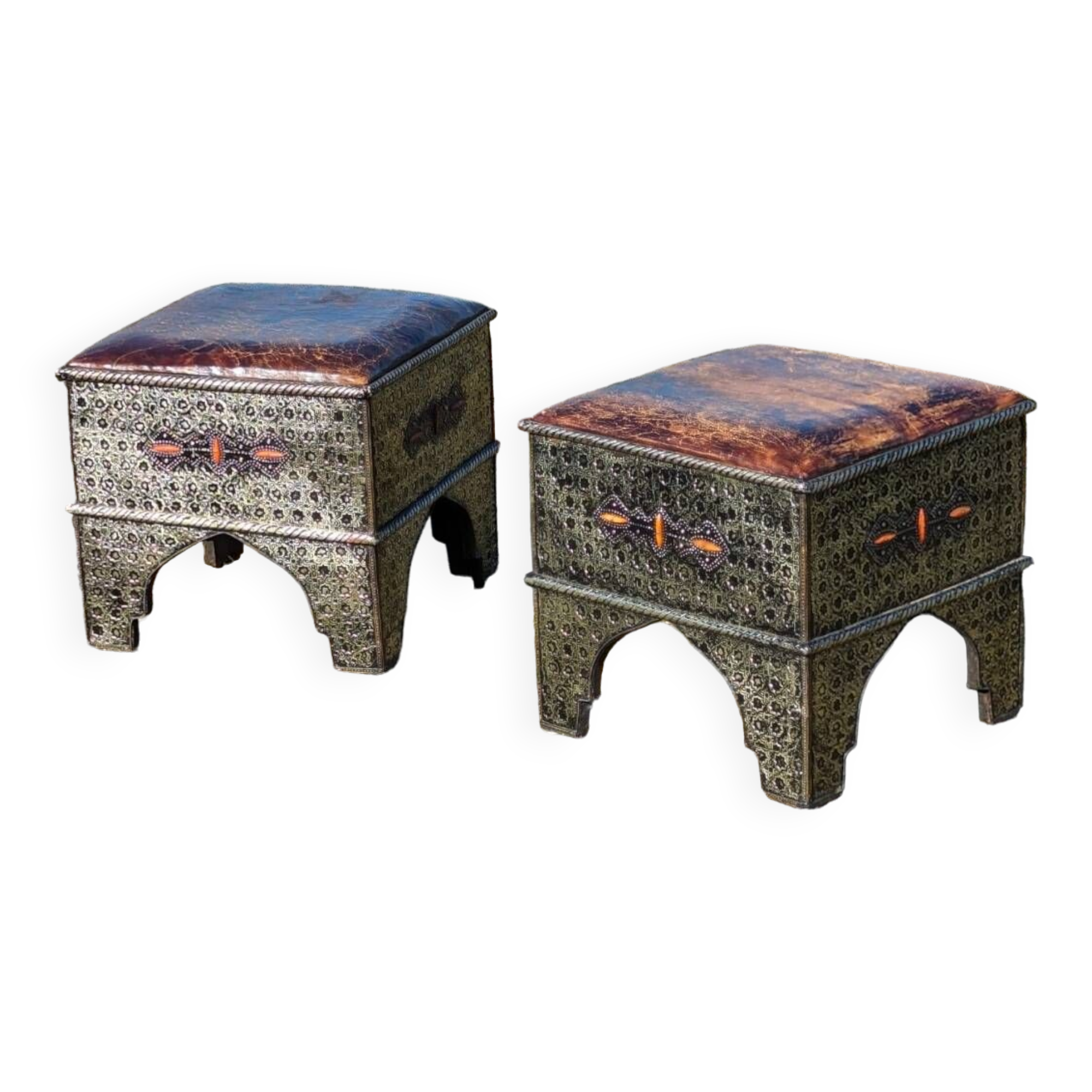 2 oriental stools/poufs in wood/metal/leather
