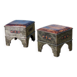 2 oriental stools/poufs in wood/metal/leather