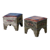 2 oriental stools/poufs in wood/metal/leather
