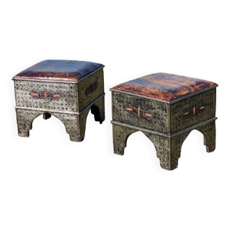 2 oriental stools/ottomans in wood/metal/leather