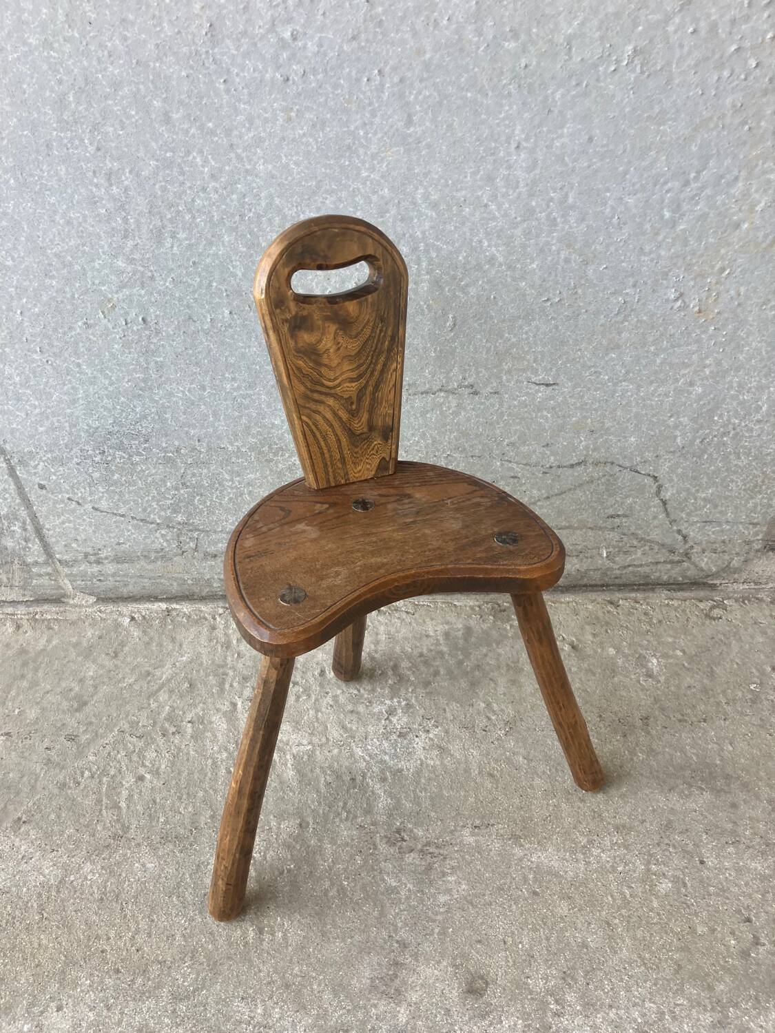 Brutalist tripod stool with backrest, France, vintage 1950s