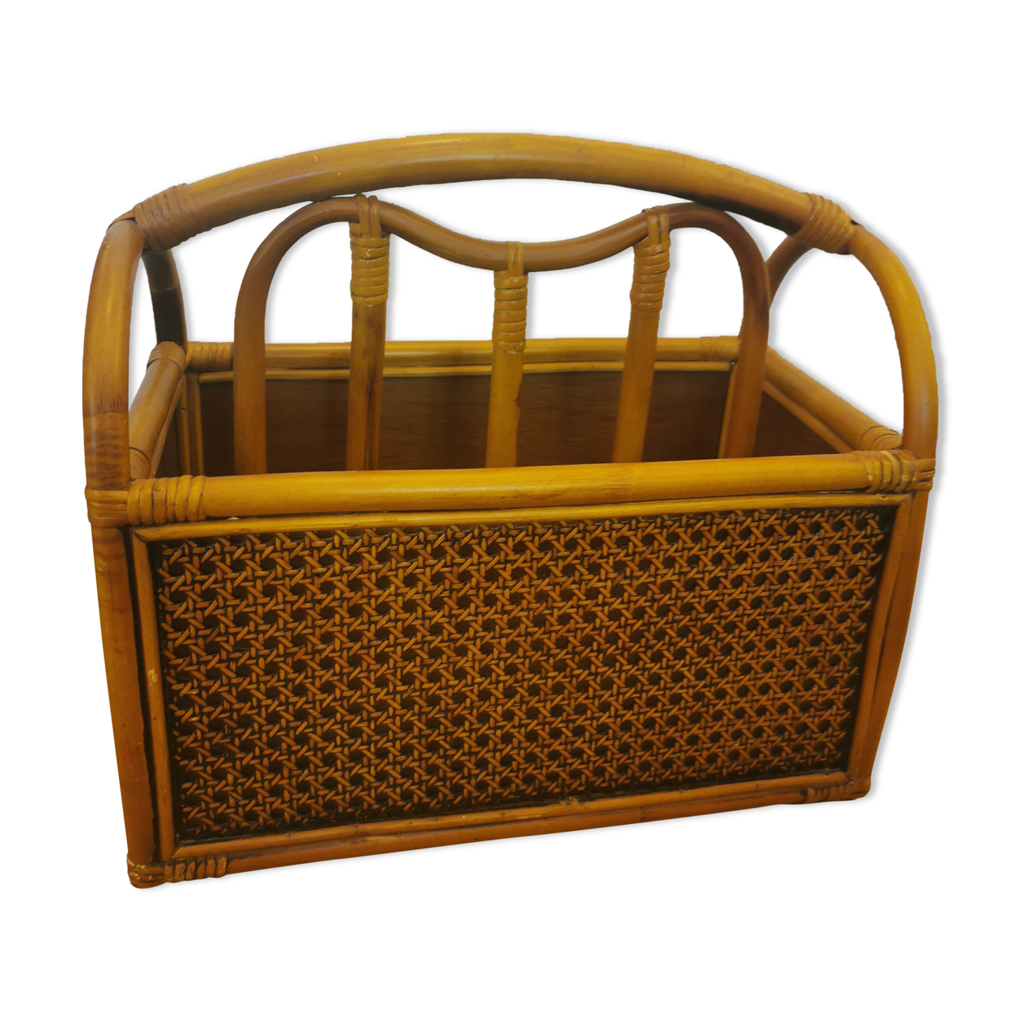 Vintage bamboo rattan and canning magazine holder