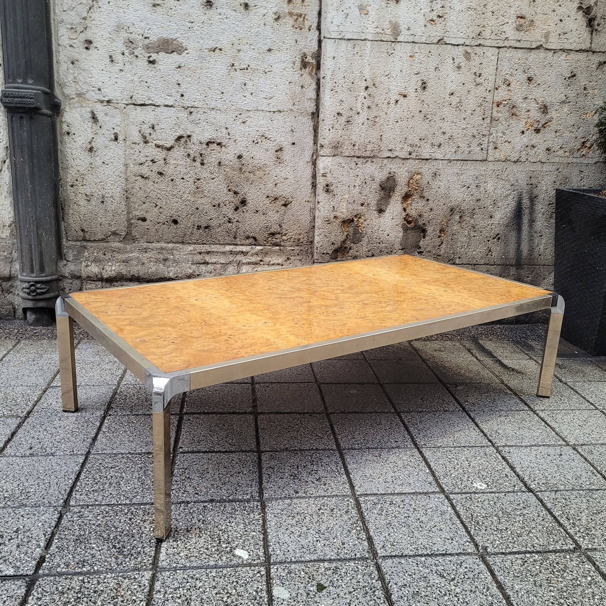 Table basse en ronce de bois et acier, France années 1970