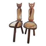 Chaises tripodes brutalistes en cuir de vache pour chat / étiquetées fabriquées en Espagne, dossier pliable, années 1960