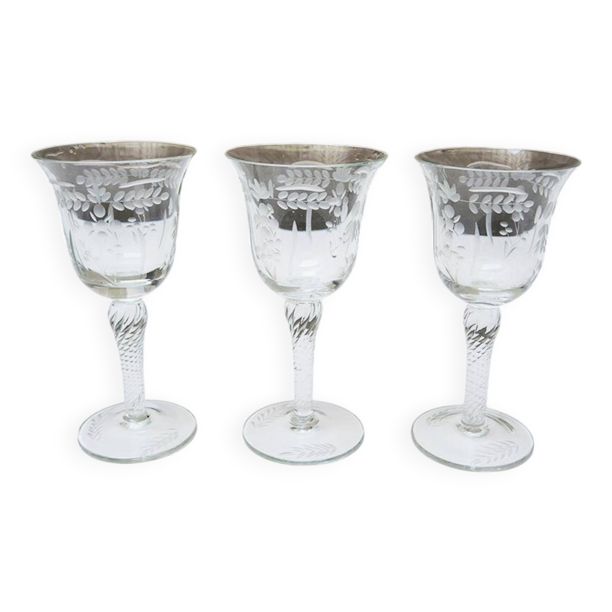 3 old stemmed glasses - engraved plant decor
