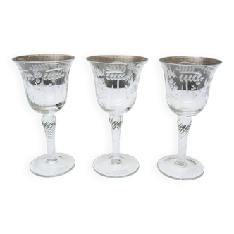 3 old stemmed glasses - engraved plant decor