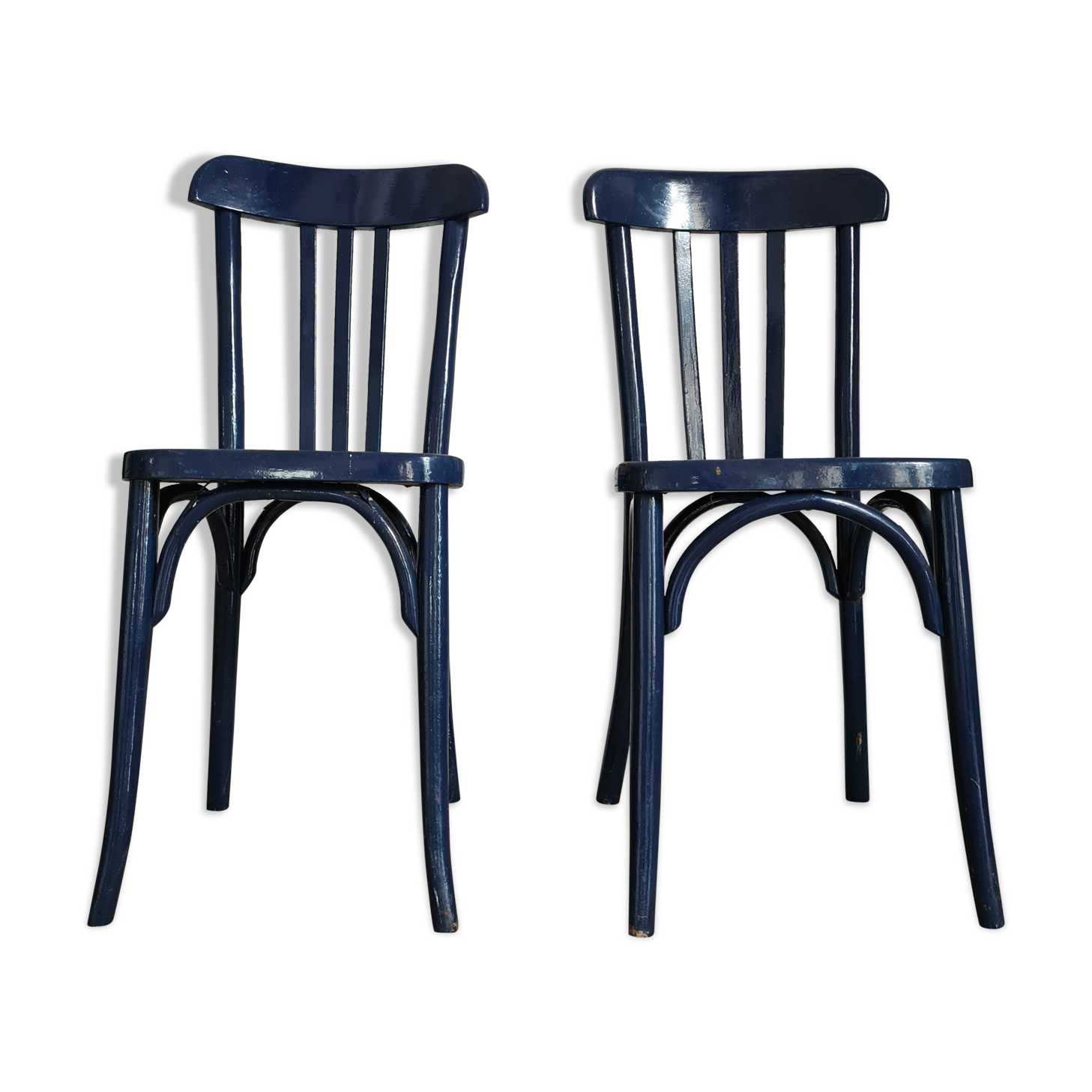 Duo of old blue bistro chairs