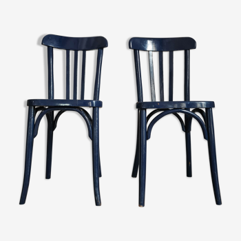 Duo of old blue bistro chairs