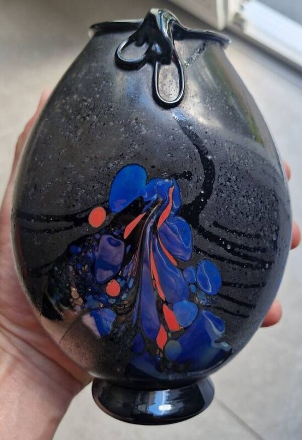 Robert Pierini (Né en 1950) - Vase en verre soufflé noir mat - 1985 - Biot