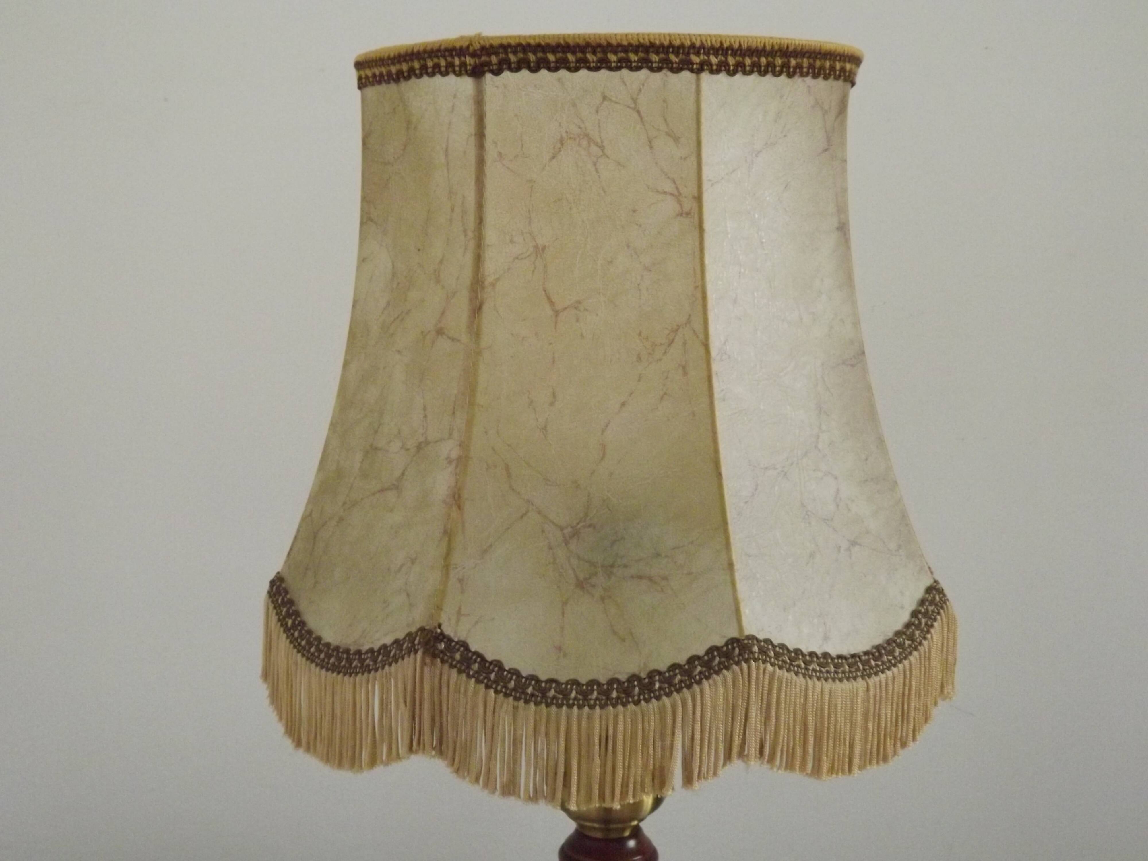 French Mid-Century Brass and Turned Wood Table Lamp with Hide Skin Shade