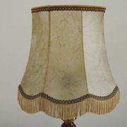 French Mid-Century Brass and Turned Wood Table Lamp with Hide Skin Shade