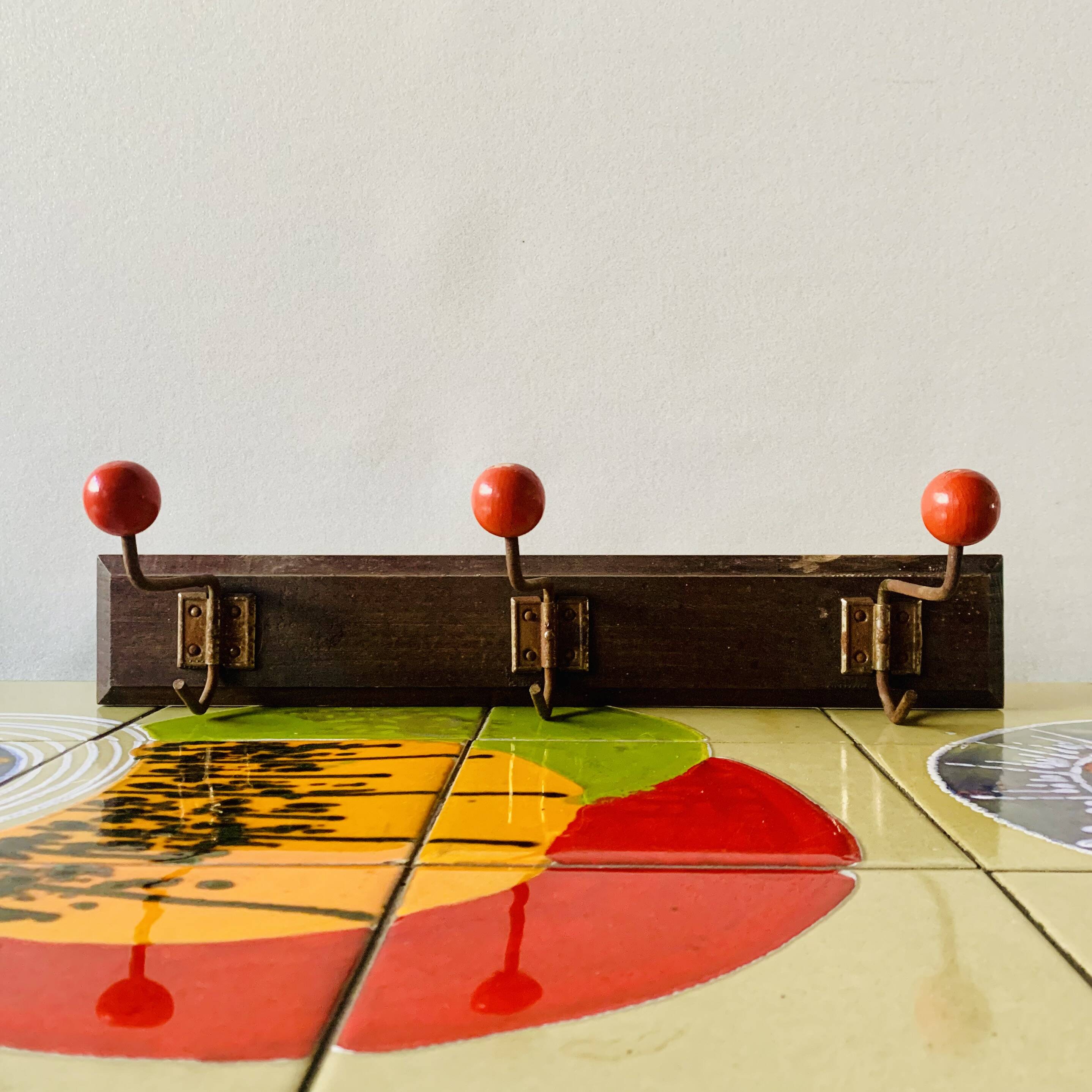 Vintage wooden wall coat rack - triple coat hook with red balls