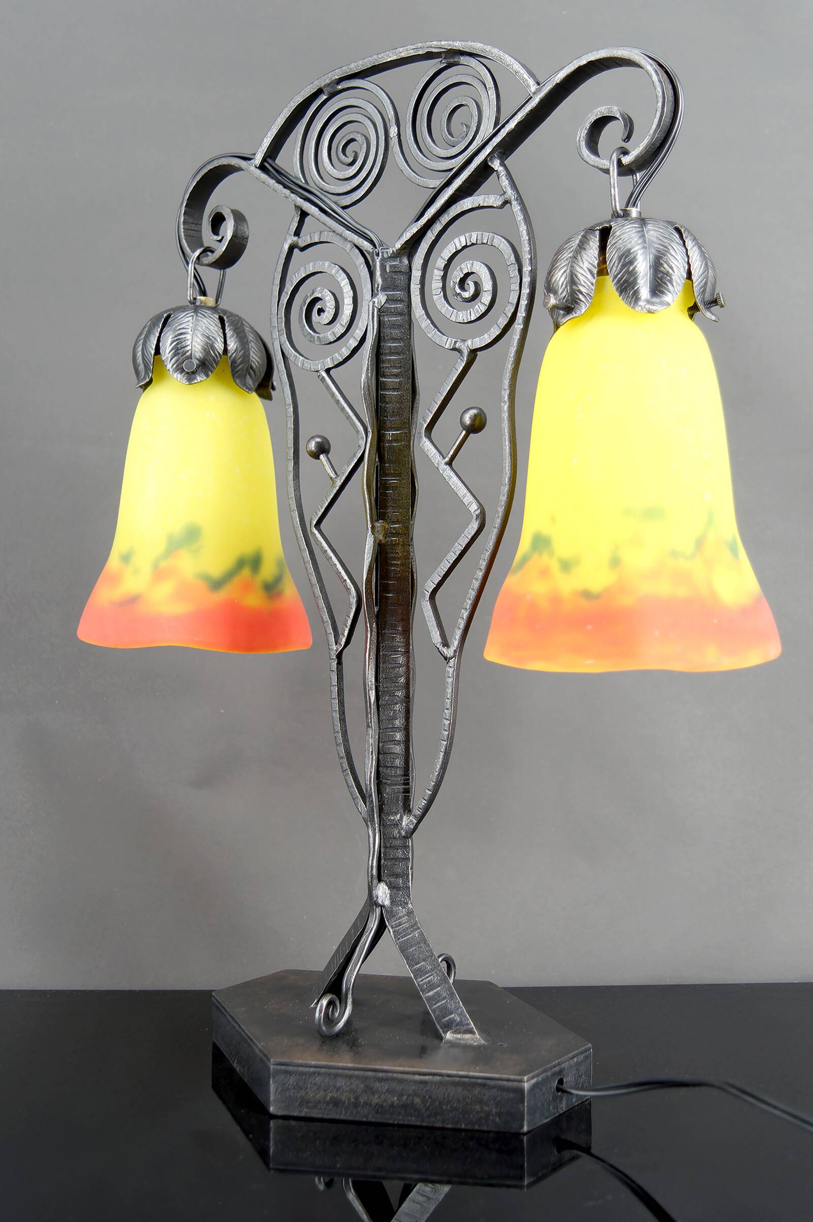 Bicéphale Art Deco lamp in wrought iron – Muller Frères Lunéville, circa 1930