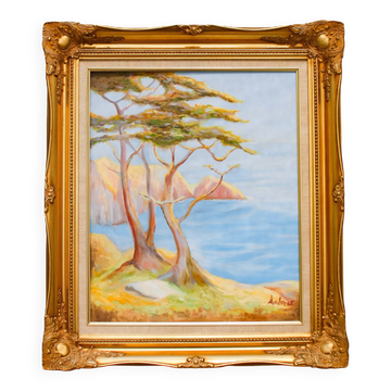 Oil painting of the Mediterranean coast with a high-quality Baroque frame.
