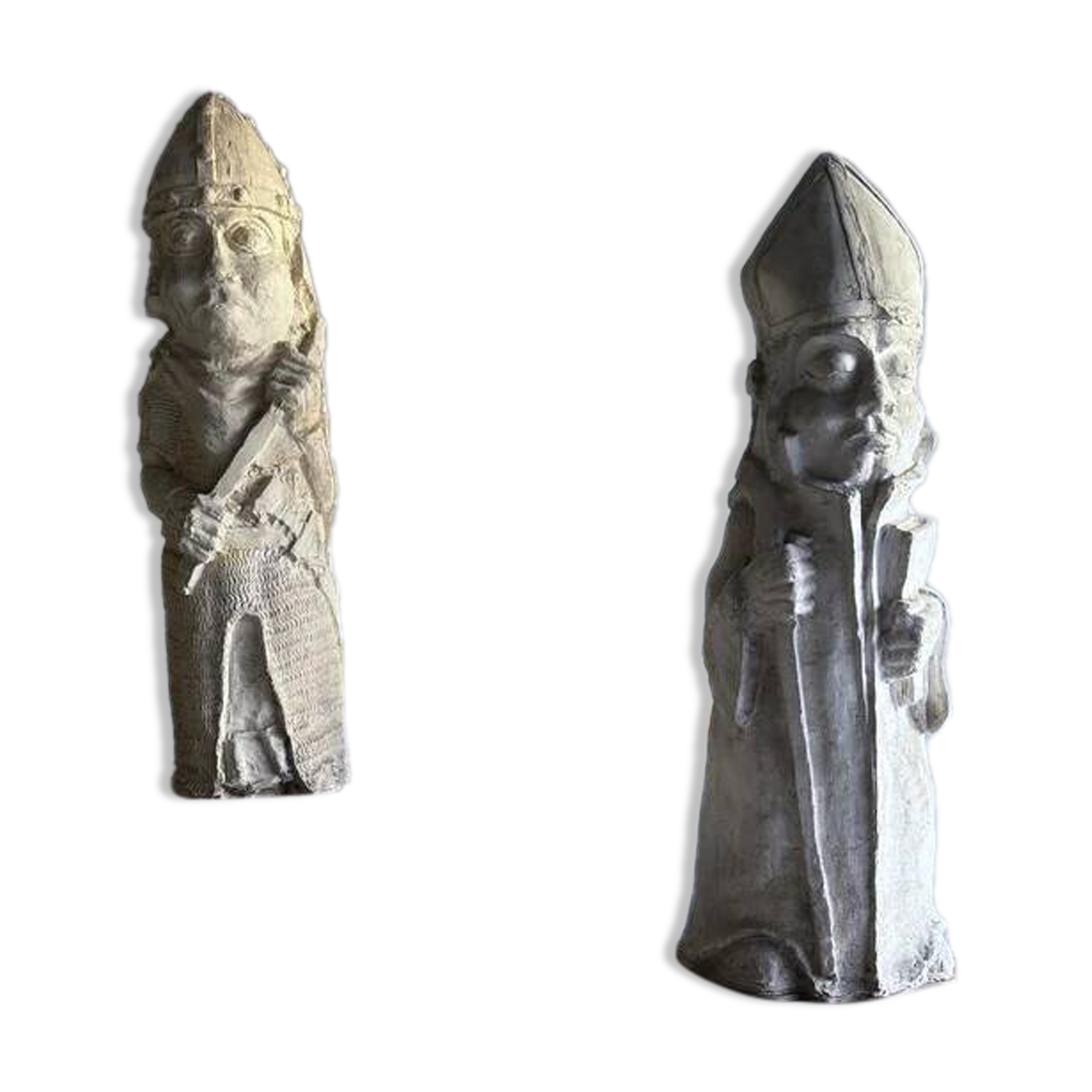 Set of two natural white plaster sculptures by Walter De Buck — figurative folkloric pair