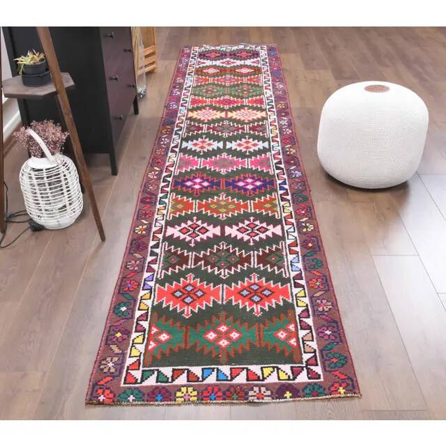Tapis couloir vintage en laine et coton turc noué à la main 82x380