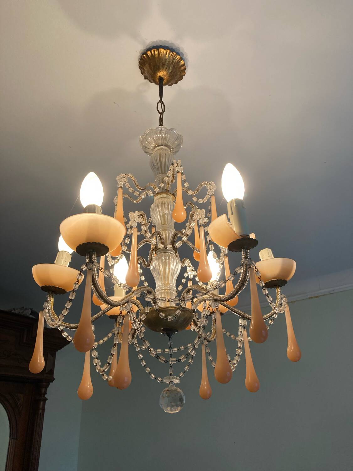 Superb antique chandelier brass/glass/Murano opal.